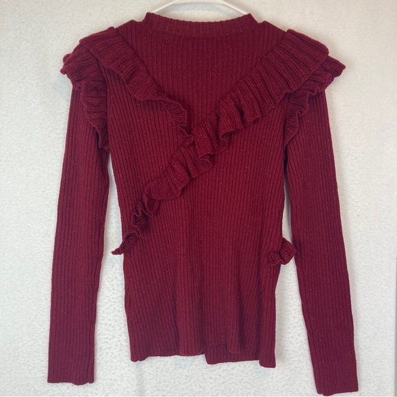 Manoush S Bordeaux Sweater Sweatshirt Pull Lured Knit Metallic Holiday Ruffle - Picture 7 of 7